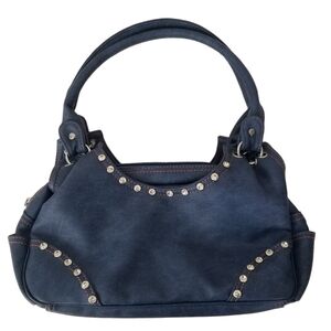 Blush Blue Denim Style Faux Leather Shoulder Bag Rhinestone Details Y2K